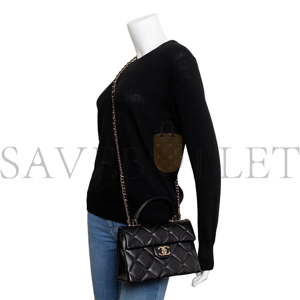 Ch*el master black quilted caviar leather kelly top handle flap bag (21*16*9.5cm)